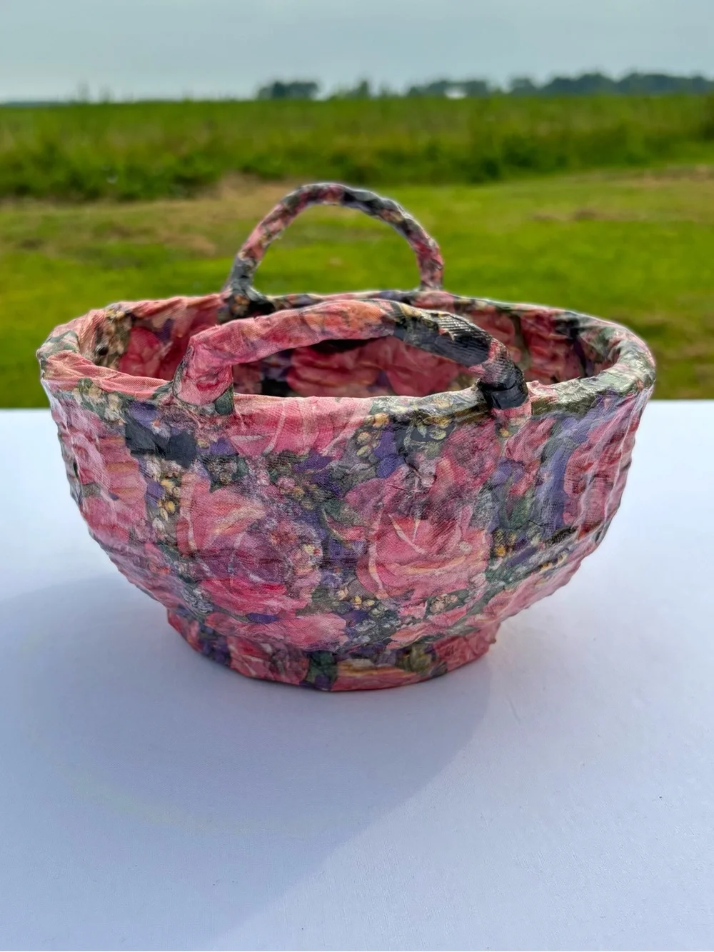 Vtg Handmade Decoupage Woven Basket Floral Catchall Bowl Pink Cottagecore Shabby